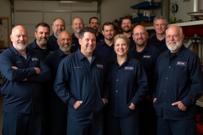 Delta Boat Service team standing proudly in their clean and organized workshop