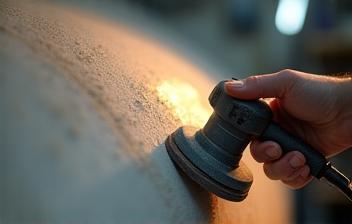 Close up of boat hull being sanded and repaired